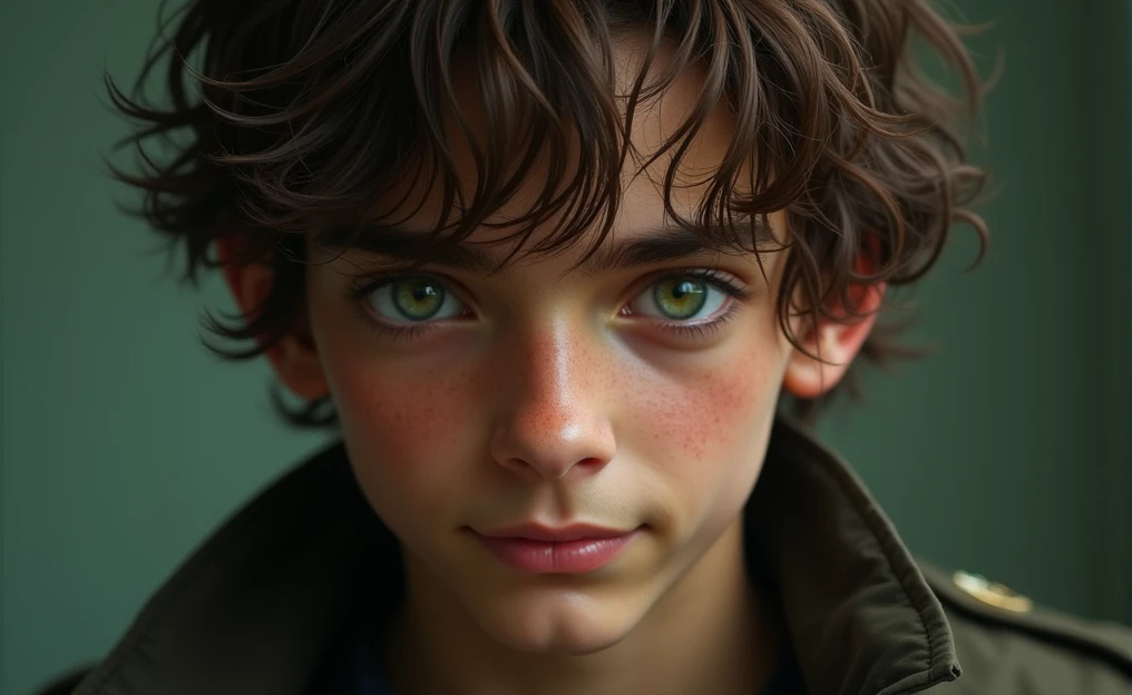 A young man with dark skin, green cat eyes, Wavy brown hair and a mischievous smile