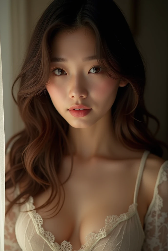 Japanese、Angular chin、Thick lips、Wavy hair up to brown shoulders、sexy、25age、Plump face、From the knee up、Medium chest、