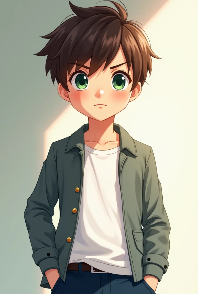 A 5-year-old anime fit rather tall boy with shiny green eyes and brown hair, a rather selfish face, dark blue pants and a bright gray jacket with a white t-shirt beneath. his face shining in light . rich boy