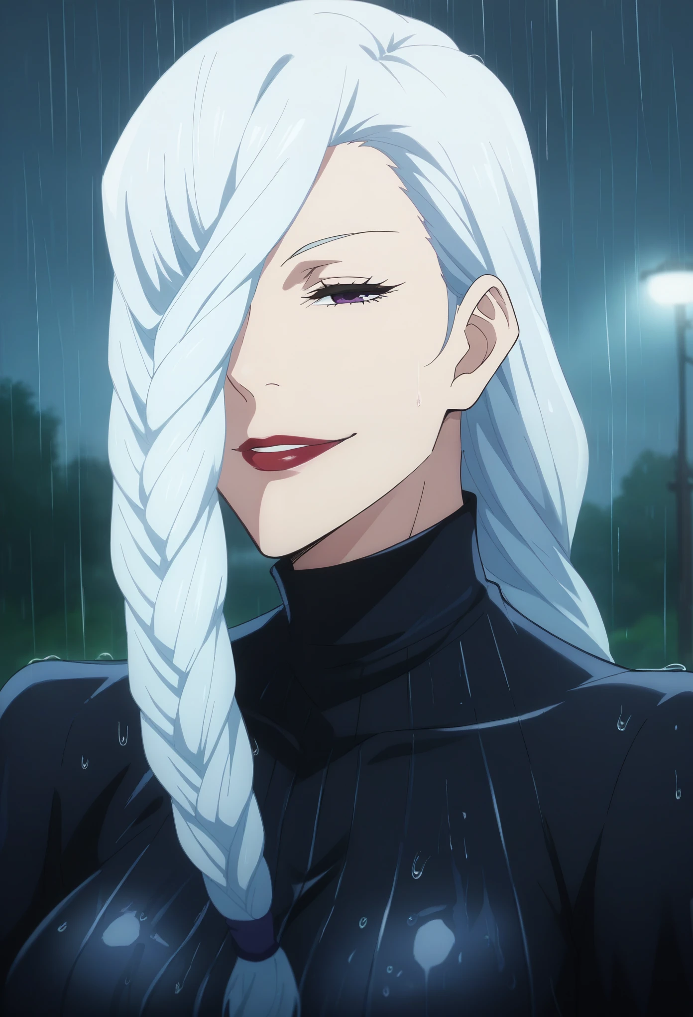 score_9, score_8_up, score_7_up, score_6_up, 1girl, , mature female,  Mei Mei , white braided hair, hair over one eye, black tight dress, seductive smile, raining, reflection, road, wet, horny, aroused, purple eyes, half closed eyes, red lips, braided ponytail, perfect face