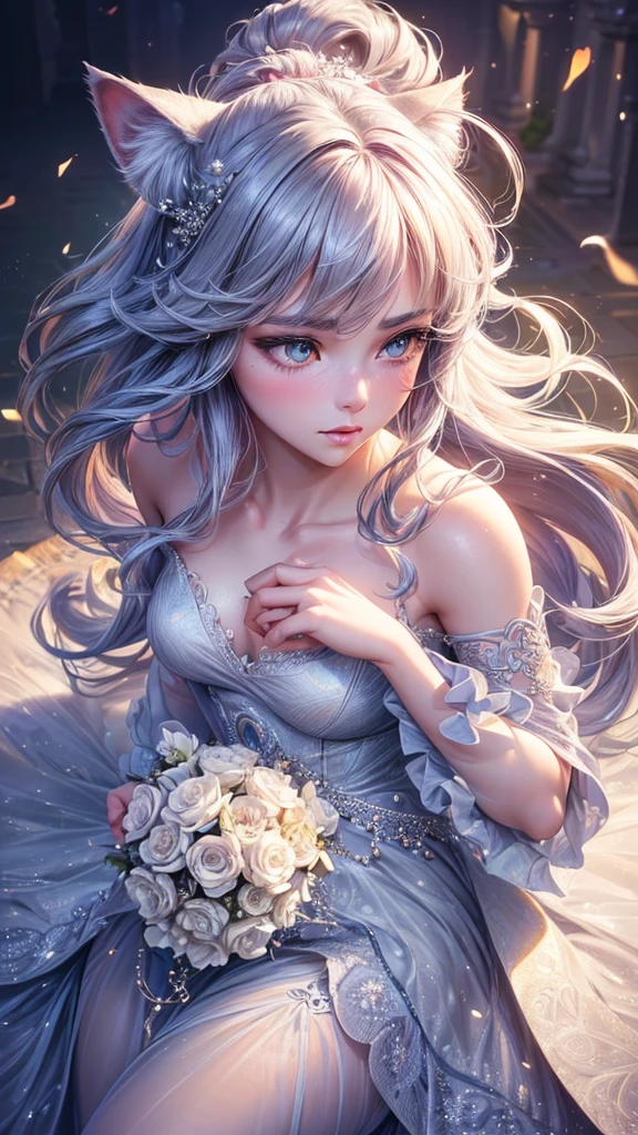 a beautiful cat girl, 1 girl, cat ears, detailed face, detailed eyes, long eyelashes, feline features, intricate hair, elegant dress, graceful pose, fantasy, magical, (best quality,4k,8k,highres,masterpiece:1.2),ultra-detailed,(realistic,photorealistic,photo-realistic:1.37),detailed background, whimsical, ethereal, vibrant colors, dramatic lighting