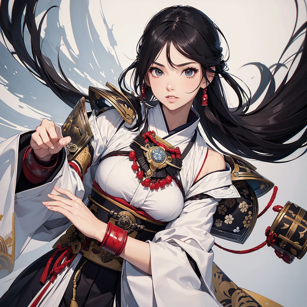 Best sketch,Japanese style,Retro,woman 1,Samurai armor on both arms,White off-shoulder kimono,((A young woman's hair is long and white, reaching her back.)),Both eyes are golden yellow.,Holding a katana sword 1,Fight scene,Slim figure,