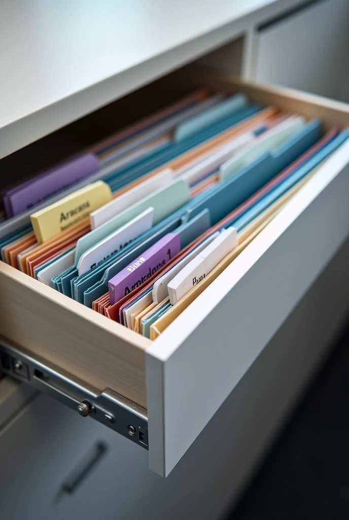 Draw a drawer with files inside with a guide outside and the tab of the guide outside is purple