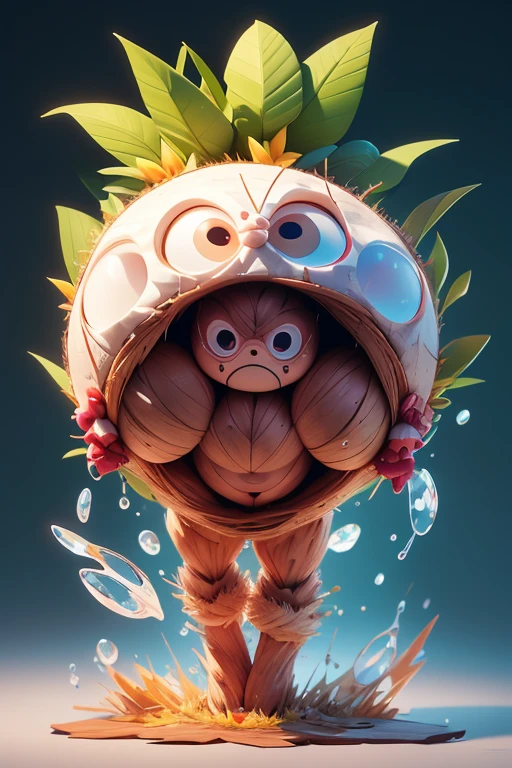 Create a picture of a coconut monster.. The body is transparent and can be seen through. The image is sharp and detailed., with beautiful colors.. With arms, leg, eyes, mouth, พื้นหลังสีlegว