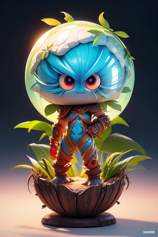 Create a picture of a coconut monster.. The body is transparent and can be seen through. The image is sharp and detailed., with beautiful colors.. With arms, leg, eyes, mouth, พื้นหลังสีlegว