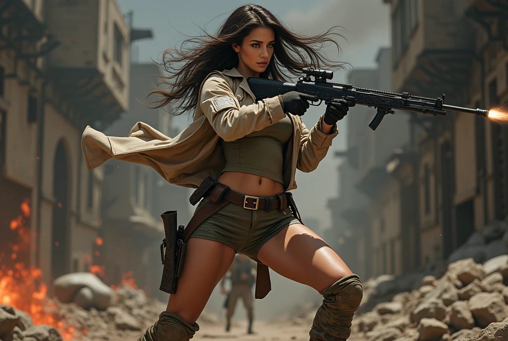 Russian beautiful military girl,   with a big breast, in action