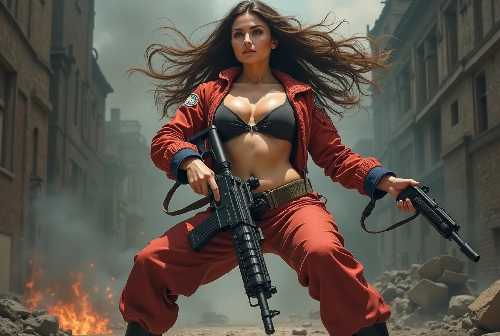 Russian beautiful military girl, with a big breast, in action