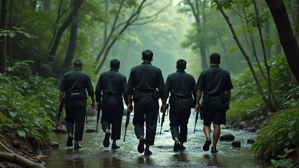 Five Thai men wearing old black cloths  walking in the forest nearby the small river and on their hand is holding  guns looking from behind 8k  