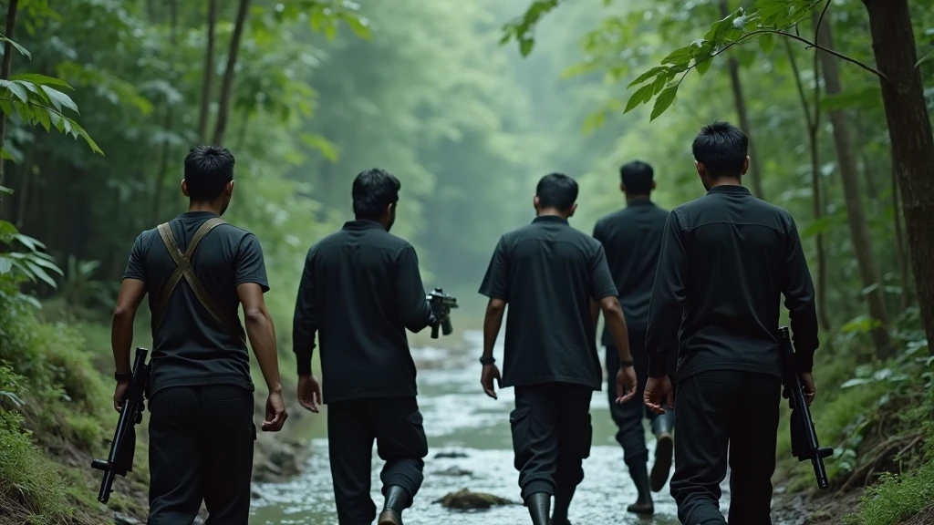 Five Thai men wearing old black cloths walking in the forest nearby the small river and on their hand is holding guns looking from behind 8k