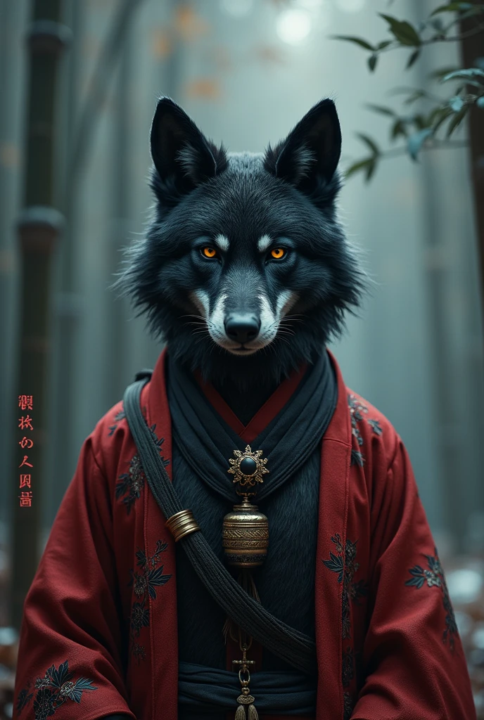 a furry wolf with black fur, a crimson pattern, a neck band with a black and gold bell, in a winter bamboo forest, wearing traditional Chinese clothing, low light night, front view, (best quality,8k,highres,masterpiece:1.2),ultra-detailed,(realistic,photorealistic,photo-realistic:1.37),intricate details,dramatic lighting,highly detailed,atmospheric,cinematic,moody,hyper-realistic,natural environment,delicate textures,elegant,magical