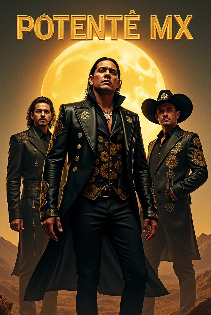 Create an advertising image of a musical group called POTENTE MX with gold and black colors, It is a northern group