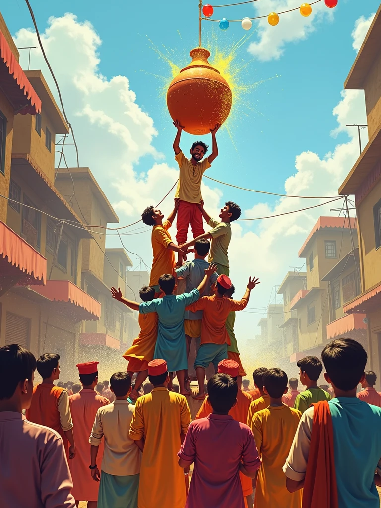 Create a lively and vibrant sketch of the Dahi Handi festival, an energetic and colorful celebration in India. The scene should depict a human pyramid of enthusiastic participants, dressed in traditional Indian attire with colorful turbans and dhotis, reaching towards a clay pot (Handi) suspended high above. The surrounding crowd, full of excitement and joy, is cheering on the participants. Traditional Indian decorations like marigold garlands, flags, and festive banners adorn the area. The backdrop should include a typical Indian street setting with buildings draped in celebratory colors, capturing the spirit of unity, teamwork, and festivity