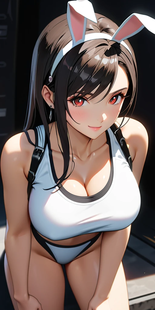 (((((tifa lockhart:1.5))))),((Highest quality、masterpiece、anime style、best quality、high resolution、8k、detailed、ultra-detailed:1.3))、Long legs:1.2, Beautiful woman with perfect figure:1.4、(Smiling:1.2), double eyelid、30-year-old female、((((One Woman,beautiful face,Beautiful face:1.5)))),Big Breasts、High resolution, accurate, Anatomically correct, High-resolution model, high quality, Very detailed, Ultra high definition、Black Hair、Straight Hair、Long Hair、(((Bunny girl、Bunny ears headband:1.1)))