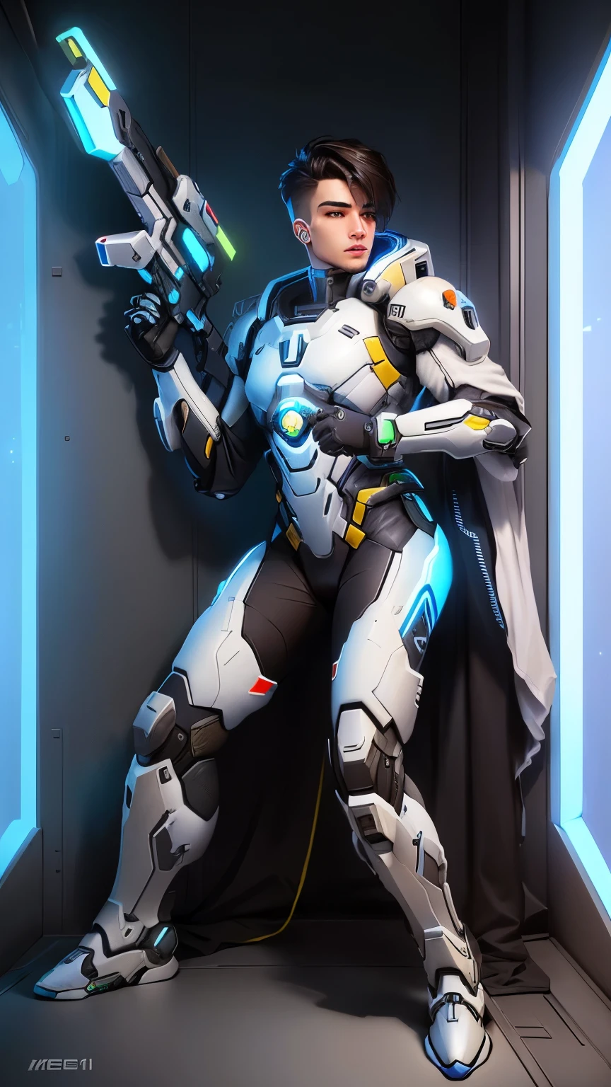 Overwatch sci-fi character art, Wearing sci-fi military armor, Sci-fi characters Sci-fi soldiers, Sci-fi suit,Dressed in futuristic white armor，Cyberpunk boy，Bird&#39;s-eye view，Short and clean hair，Caucasian，Cheerful，Looking back at the battlefield in the distance，Wearing a mecha suit，handsome guy，High-definition quality，High-quality posters，8k，