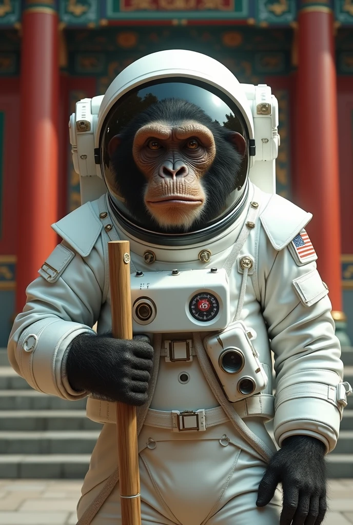 Real monkey wear white astronaut suit .a highly detailed ape wearing a white spacesuit. Holding a bamboo stick.. white hologram watch.All people shocked, extremely detailed and realistic, photorealistic, cinematic lighting, beautiful intricate background with Chinese emperor palace, stunning vibrant colors, dynamic composition, award winning photograph, 8k, ultra detailed