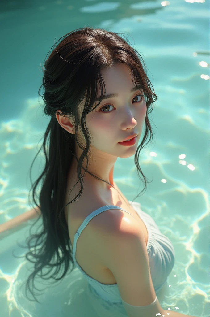 A brown-haired Japanese woman swimming in the sea invites you in with a shy smile After diving, her hair is soaked. High resolution., masterpiece, Anatomically correct, Highest quality, High detail, Textured skin, Ultra-detailed, Cinematography,
