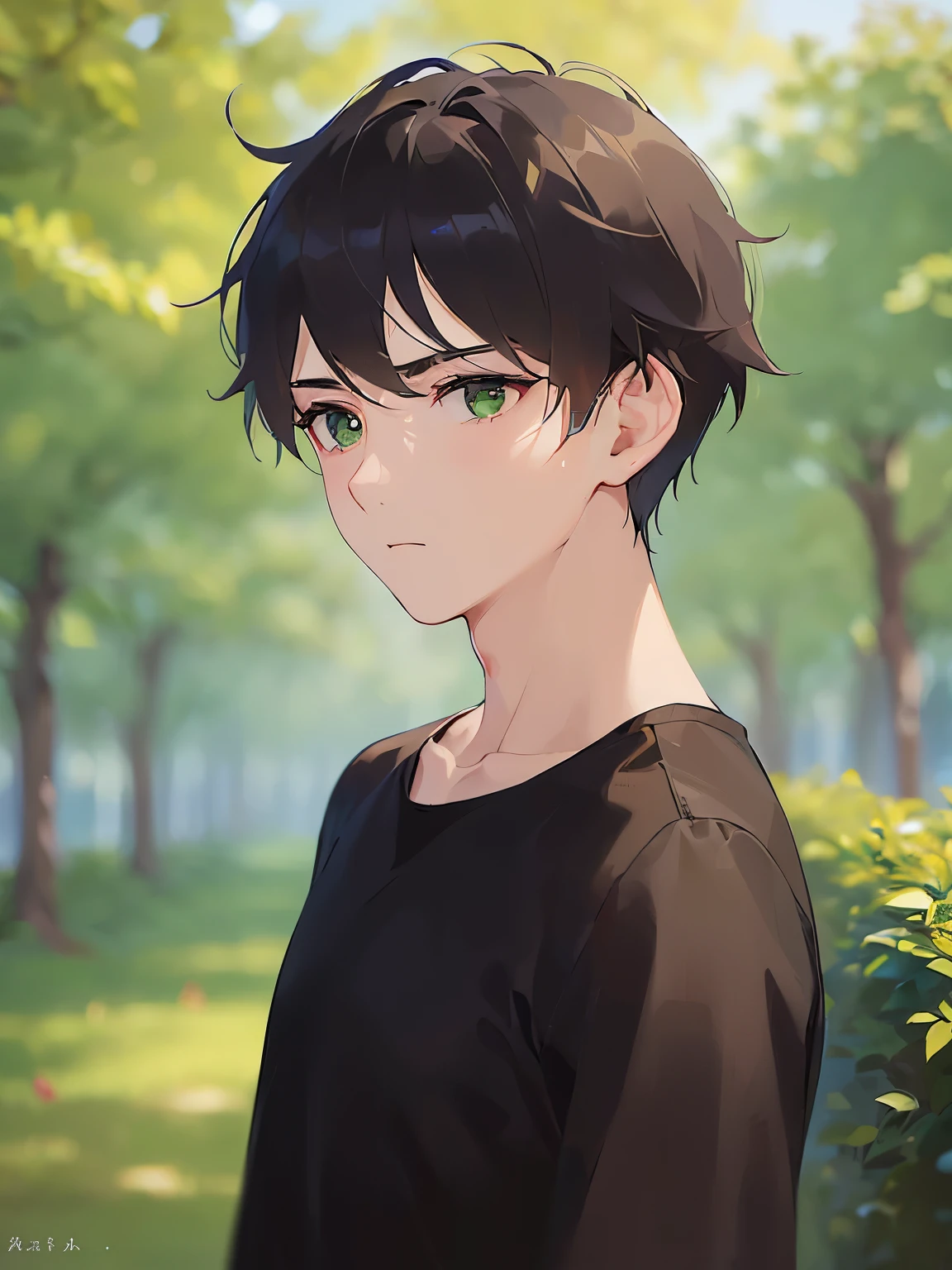 (looking away:1.5),upper body、
shiny skin, masterpiece、Highest quality、
(25-year-old male:1.5) and (Brown short hair) and (Green Eyes),
(black shirt:1.5)
downcast,park,(alone:1.5)