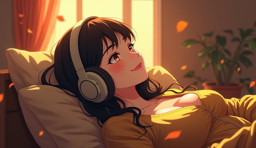 Perfect image, 8k, High school girl listening to music in a cozy room,Big Breasts、 Using headphones, 2D-style animation, Lo-Fi,autumn leaves、autumn、A big smile、Retro、Anime style illustrations、Mature atmosphere