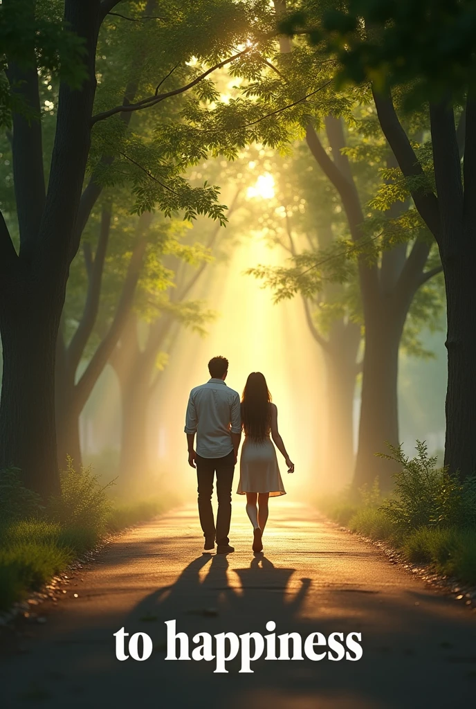 The words "TO HAPPINESS" written in large letters at the bottom of the screen, ((masterpiece, highest quality, Highest image quality, High resolution, photorealistic, Raw photo, 8K)), ((Extremely detailed CG unified 8k wallpaper)), The back view of a man and woman sexy, on a tree-lined street with sunlight filtering through the trees, the last scene of a romantic movie, green leaves and white light, a walkway in the morning mist,