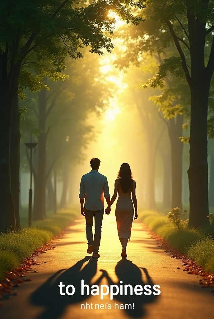 The words "TO HAPPINESS" written in large letters at the bottom of the screen, ((masterpiece, highest quality, Highest image quality, High resolution, photorealistic, Raw photo, 8K)), ((Extremely detailed CG unified 8k wallpaper)), The back view of a man and woman sexy, on a tree-lined street with sunlight filtering through the trees, the last scene of a romantic movie, green leaves and white light, a walkway in the morning mist,