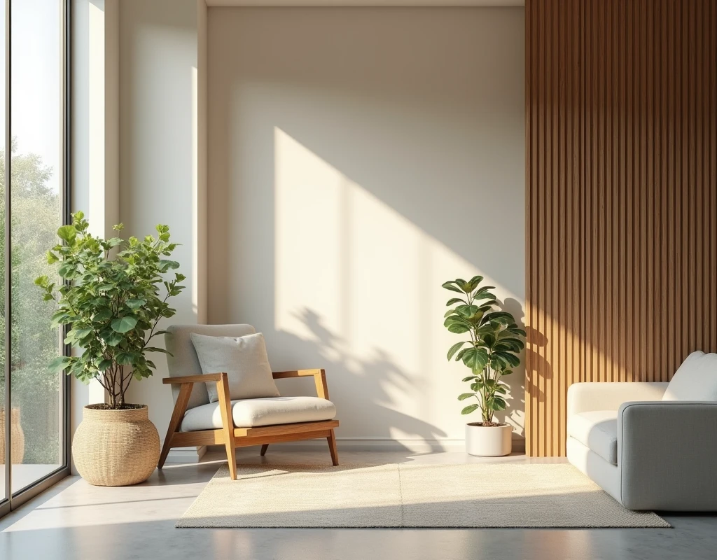 - Tranquil office ambiance: Serene, minimalist, soft lighting, muted colors, natural elements