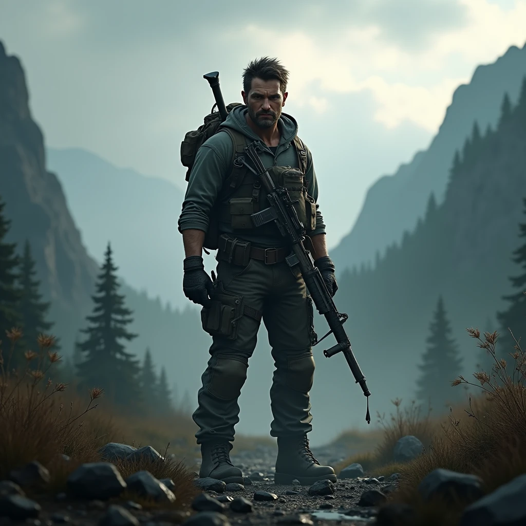 Create a videogame main manu background, is a survival videogame, be creative, PC background