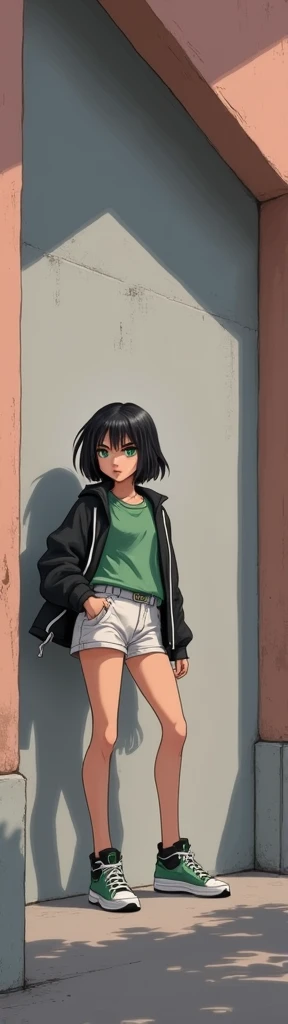 1girl, solo, short hair, tomboy, glasses, , green eyes, jacket, black hair, green shirt, white shorts, best quality, amazing quality, very aesthetic, masterpiece 