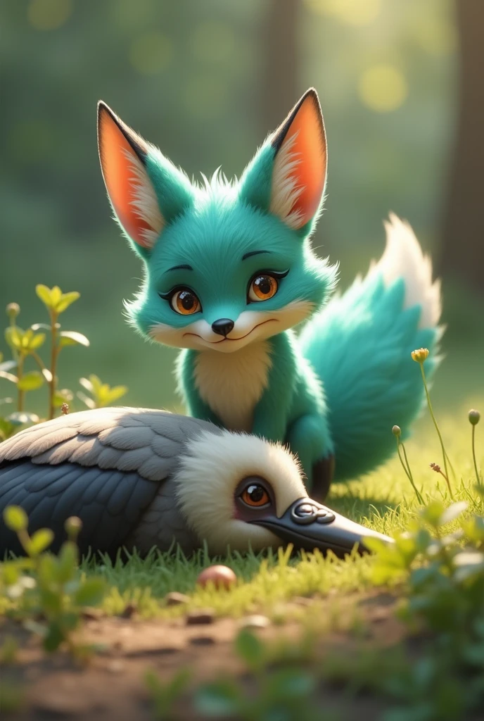 A little Tiffany green fox,About to hunt a giant bird,giant bird on the ground,In front of the fox,The fox is in a state of overestimating his own abilities,Cute realistic style