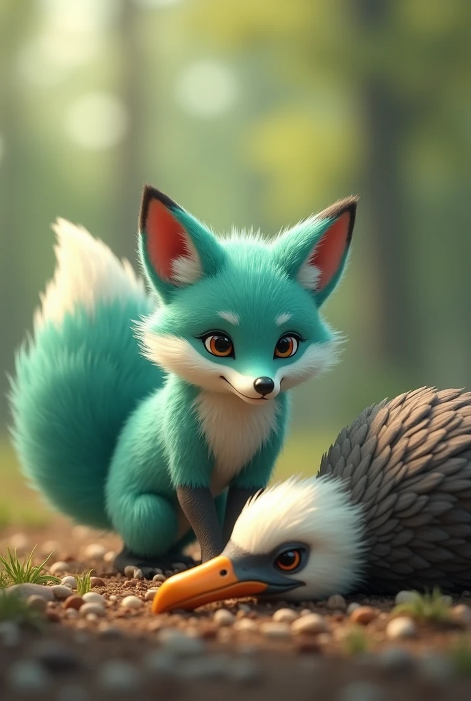 A little Tiffany green fox,About to hunt a giant bird,giant bird on the ground,In front of the fox,The fox is in a state of overestimating his own abilities,Cute realistic style