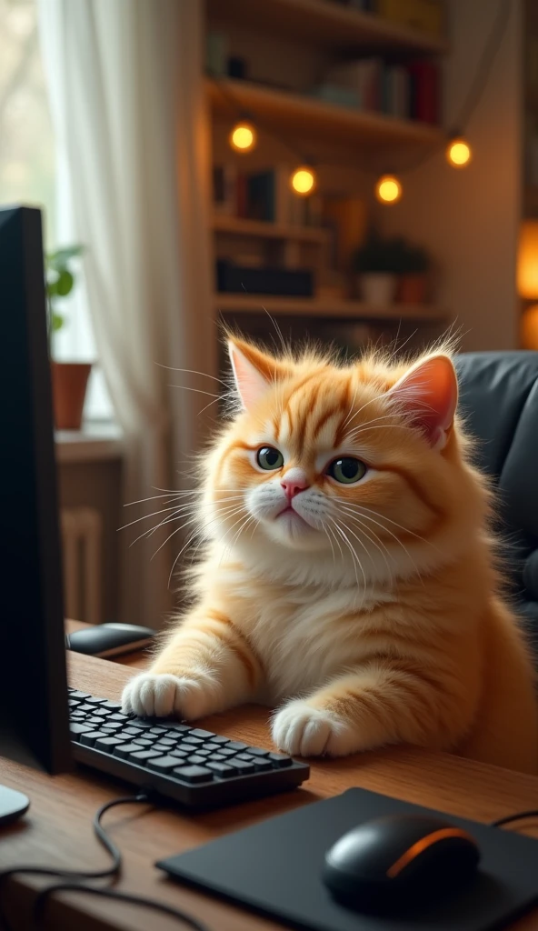 Photorealistic, 64K, A realistic Cute fat giant cat playing on its gaming PC. The computer is wrong, fix this. The cat needs to hold the Mouse correctly