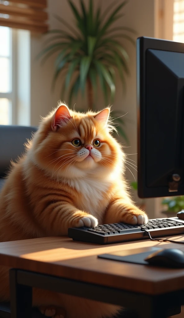 Photorealistic, 64K, A realistic Cute fat giant cat playing on its gaming PC. The computer is wrong, fix this. The cat needs to hold the Mouse correctly