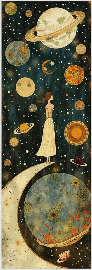 The image depicts a stylized representation of a person standing on the ground, looking up at a night sky filled with various celestial bodies such as planets and stars. The person appears to be surrounded by oversized flowers, suggesting an imaginative or dreamlike scene where the scale of natural elements is altered. The planets are depicted in vibrant colors and detailed textures, contrasting with the dark background of space. This image is interesting due to its blend of realistic astronomical objects with surreal and whimsical elements, creating a sense of wonder and curiosity about the universe.