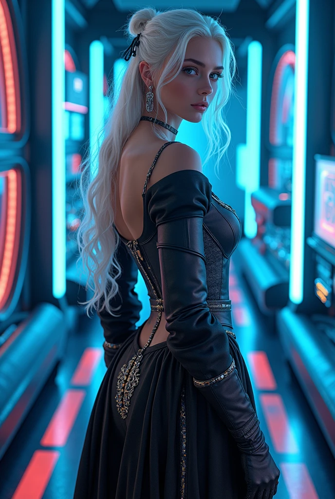 (Best Quality,4k,8K,hight resolution,Masterpiece:1.2),Cyber World, medieval garb,((white colored hair)), 1 ultra hot gorgeous European woman, age 23, she’s a playmate, men magazine model. With luminous light,arma,Bright neon lights,Virtual reality headset,Technical training,reflection,ombre,High-tech environment, sharp-focus,Sci-fi concept,futuristic vibe, action pose,confident expression,Metallic texture, SVAV, WLOP