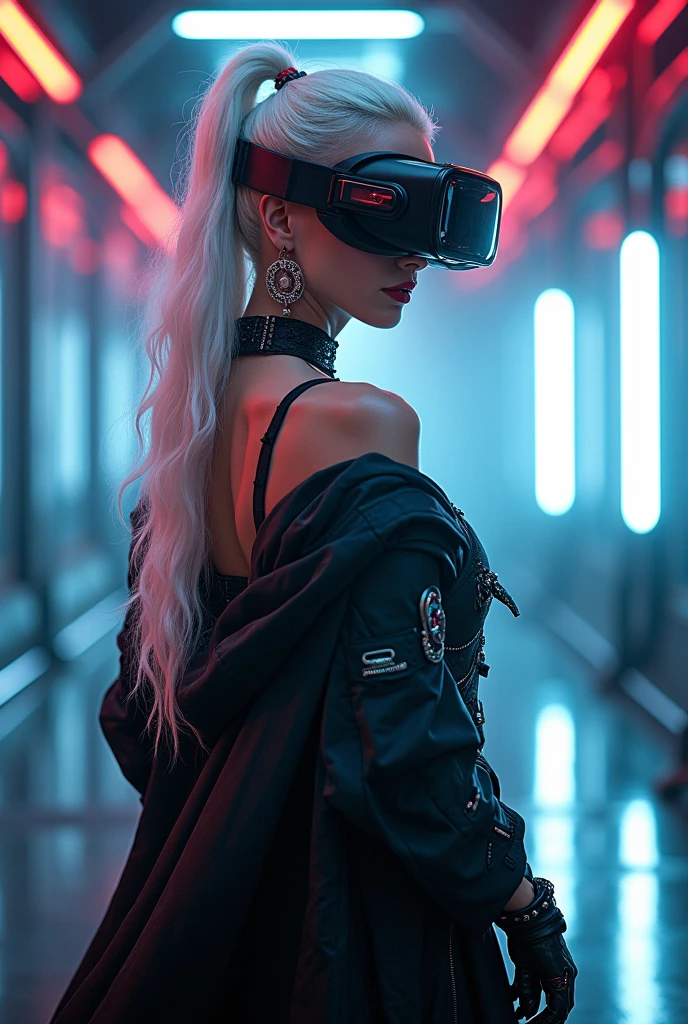 (Best Quality,4k,8K,hight resolution,Masterpiece:1.2),Cyber World, medieval garb,((white colored hair)), 1 ultra hot gorgeous European woman, age 23, she’s a playmate, men magazine model. With luminous light,arma,Bright neon lights,Virtual reality headset,Technical training,reflection,ombre,High-tech environment, sharp-focus,Sci-fi concept,futuristic vibe, action pose,confident expression,Metallic texture, SVAV, WLOP