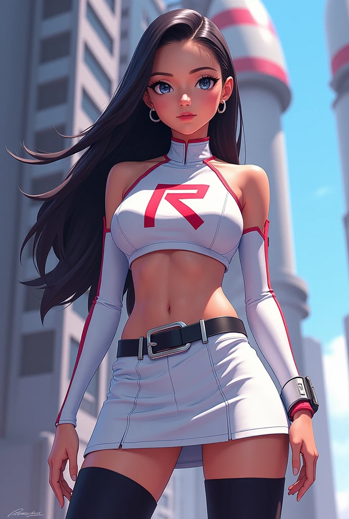 rocket,team rocket uniform, red letter R, white skirt,white crop top,black thigh-highs