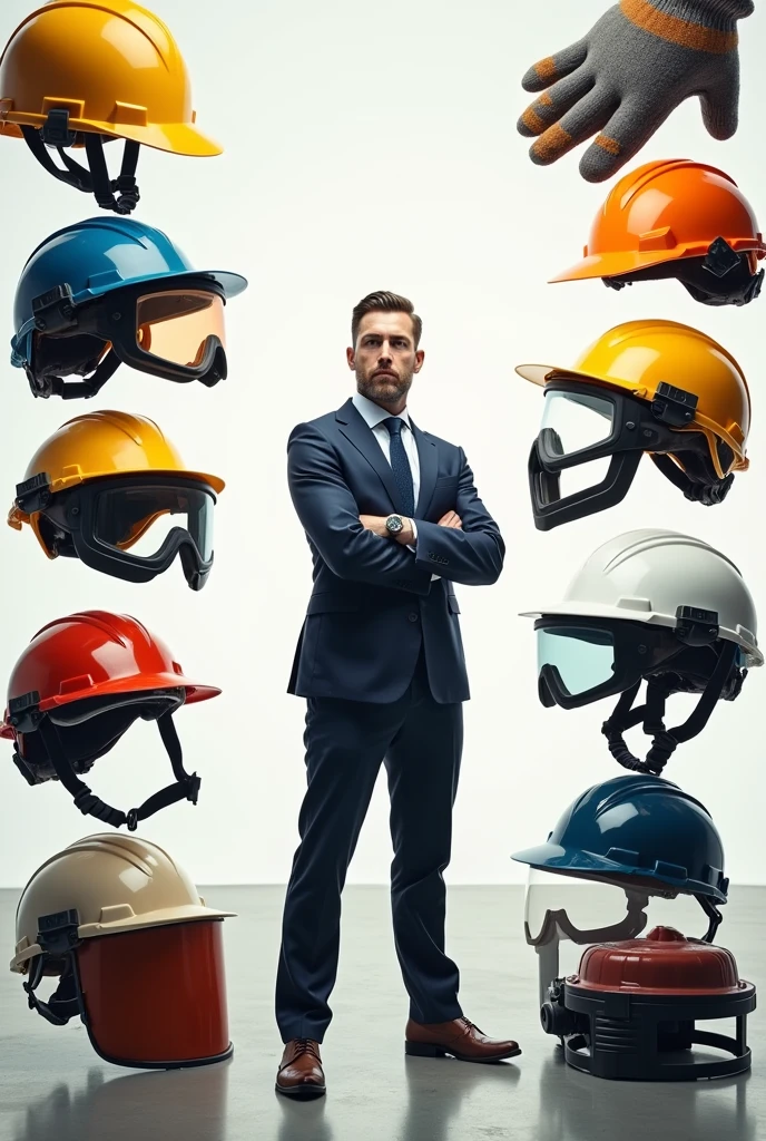 I want to make an image poster for my office in which a man standing and wearing different PPES  and beside the man different PPES are present such as helmet and many more so please make an image like that