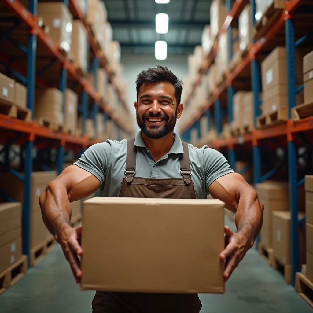 a man(lifting big boxes with hands),in warehouse, (looking at the cameraman, gentle smile, glowing eyes, sparkling eyes, smile, light smile, Wide-Angle, Fujifilm, Wide-Angle, Fujifilm, masterpiece, accurate, super detail, high details, high quality, best quality, highres, HD, 4K, masterpiece, accurate,, super detail, high details, high quality, best quality, highres, HD, 4K