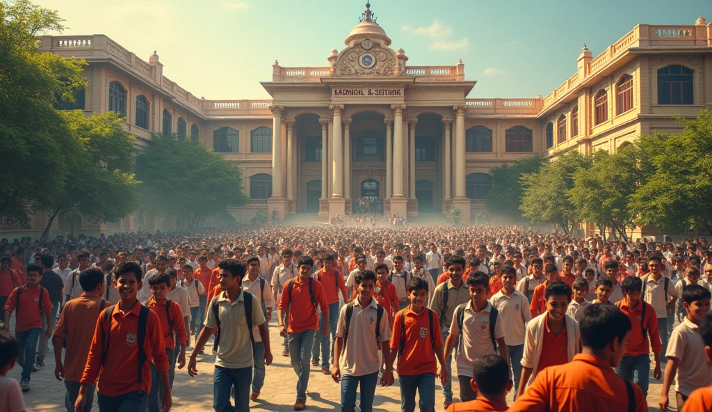 A bustling Indian school with students rushing out after the final bell.