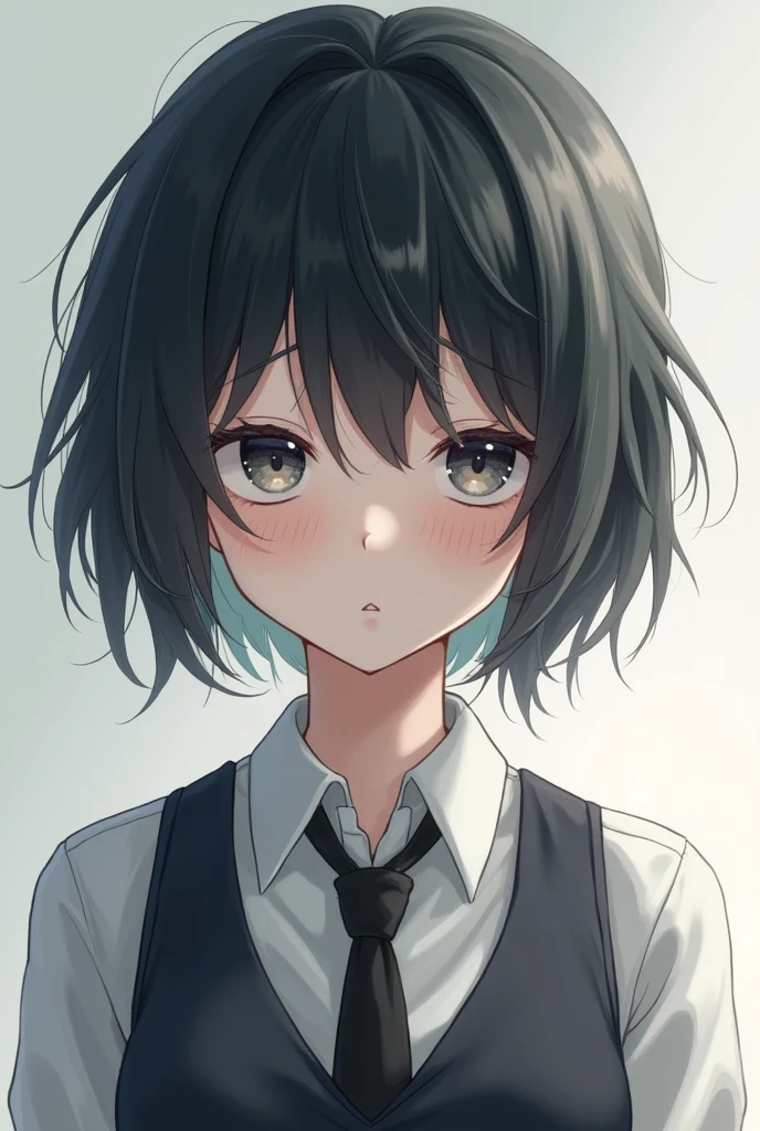 Generate a girl but she is a tomboy and short hair and wear corporate uniform and white face anime
And tired eyes