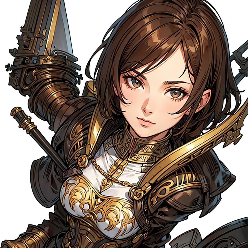 (((white background))), best quality, solo, 1 woman,portrate,knight,bangs,looking at viewer,short hair,brown hair,pretty woman,masterpiece, intricate details, tonemapping, sharp focus, hyper detailed, trending on Artstation,