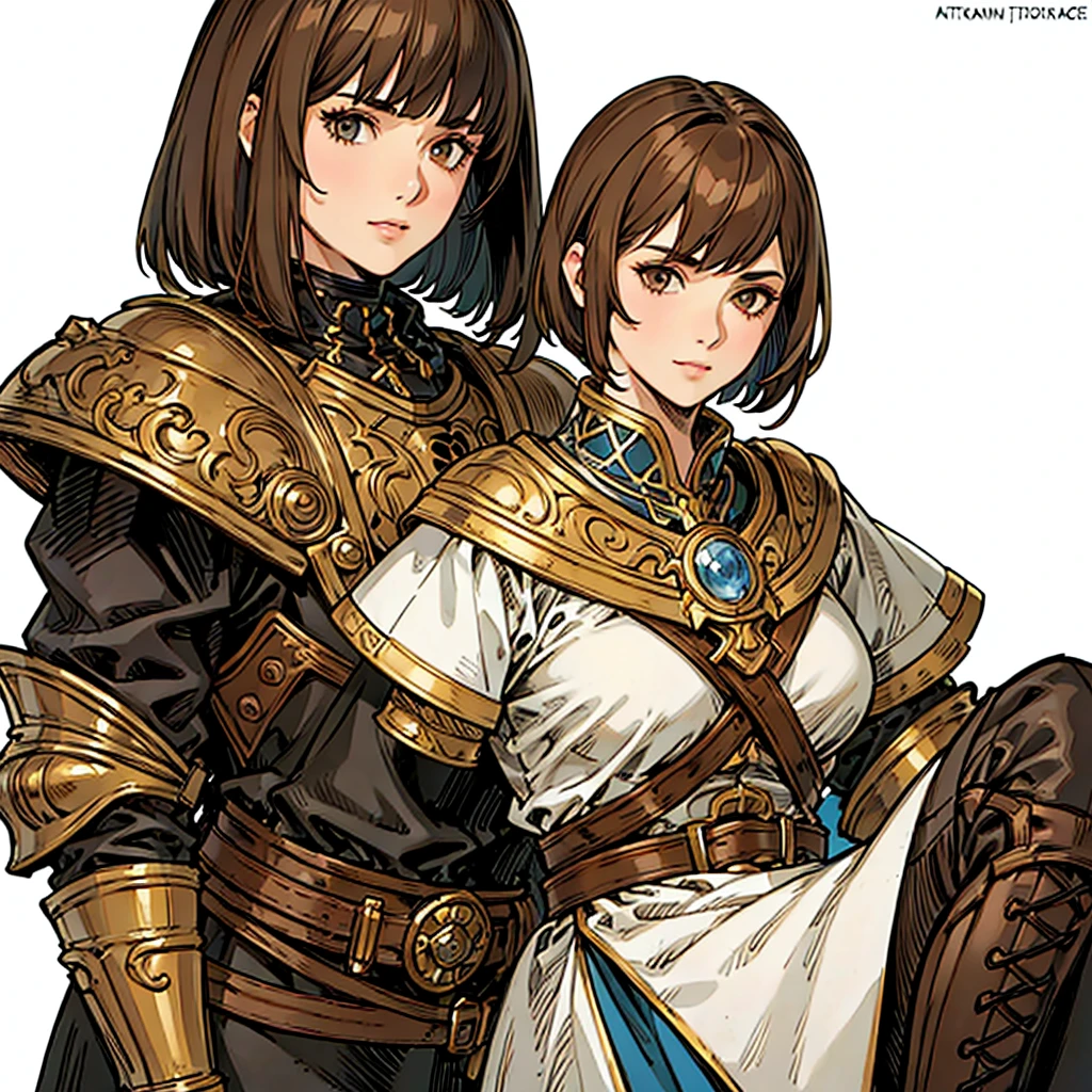 (((white background))), best quality, solo, 1 woman,portrate,knight,bangs,looking at viewer,short hair,brown hair,pretty woman,masterpiece, intricate details, tonemapping, sharp focus, hyper detailed, trending on Artstation,
