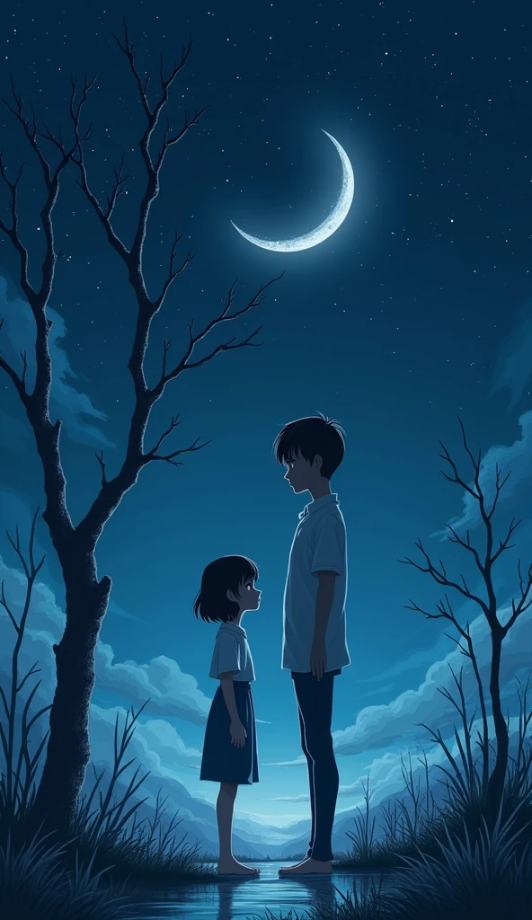 1 girl, 1 boy, face to face, Men are tall, women are short, women straight hair, Women's hair is not too long, men and women standing close together, casual clothes , poised posture, natural skin, standing on the grass
BREAK
Blue sky night, (rim lighting):1.2, cold tones, Moonlight and lots of stars, soft shadows, dark colors , Sharp effect, horror atmosphere
BREAK
open nature, tall dry tree, quiet nature, reflection, Moonlit nature, peaceful ambiance, ultra detailed, official art, unity 8k wallpaper
, zentangle, mandala