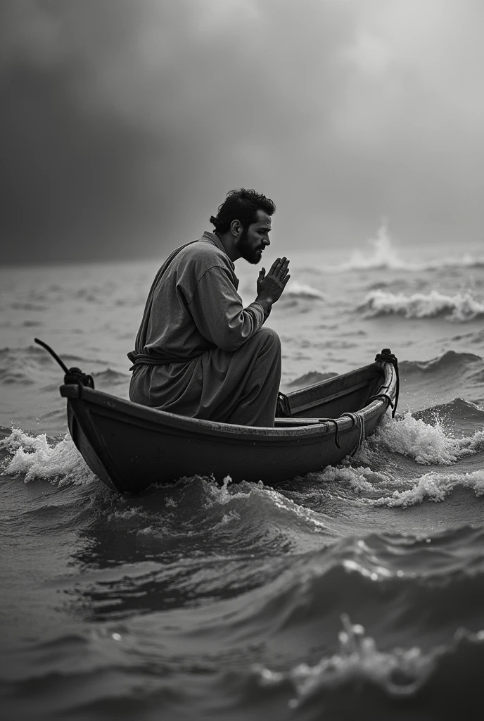 Flood water all around, a man praying on a boat. Background black and white