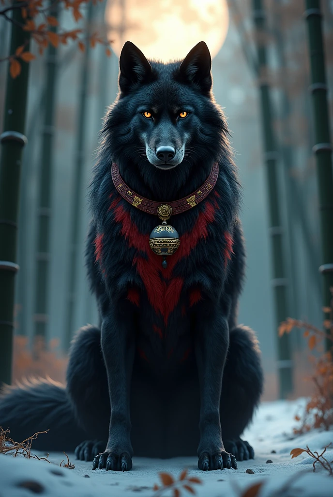 A detailed, high-quality Stable Diffusion prompt for the given theme would be: furry wolf, black fur, crimson pattern, neck band, black and gold bell, winter bamboo forest, traditional Chinese clothing, low light, night, front view, detailed realistic portrait, hyper-detailed, 8K, high resolution, masterpiece, ultra-detailed, photorealistic, physically-based rendering, sharp focus, vivid colors, warm lighting, cinematic