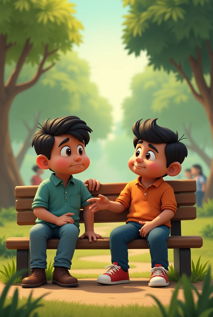 Babloo and Gabboo’s Conversation:

Two friends, Babloo and Gabboo, are sitting on a park bench. Babloo looks worried, explaining how he had a fight with his wife. Gabboo listens intently, and then Babloo humorously admits he bent down to pick up a shoe rather than apologizing. Gabboo’s expression turns from concern to laughter.