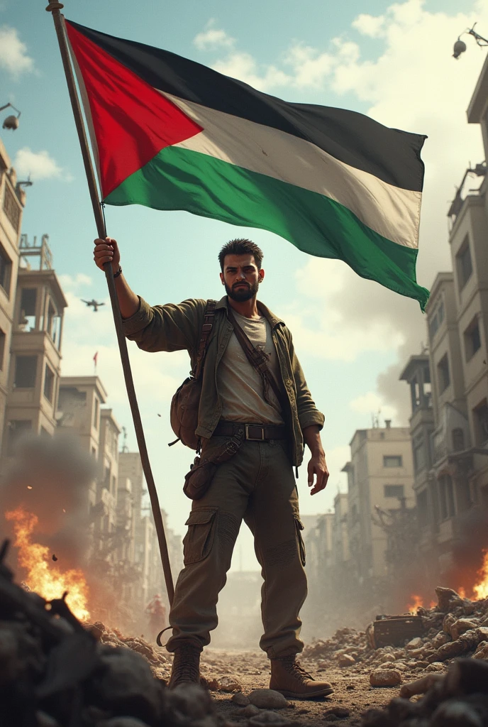 man with flag Palestine in middle of war