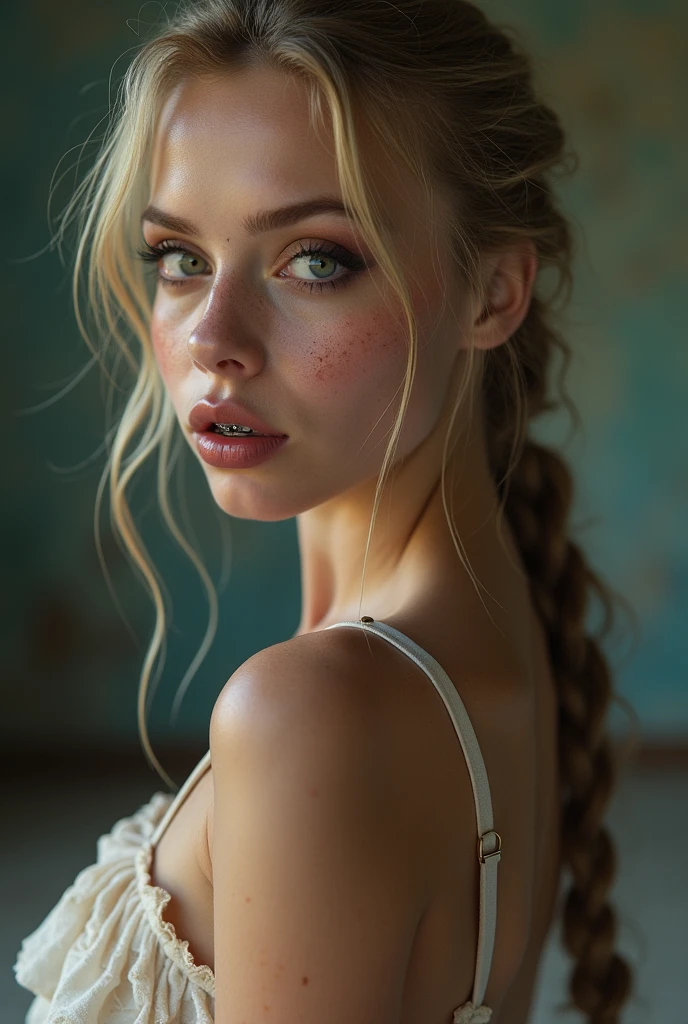 Ein Mädchen 18 Jahre alt lange blonde geflochtene Zöpfe sehr dünn tut naked Ballett, without clothes,flat-chested,small breasts,Make-up smeared,Makeup run,perfect lips, schwarzerLippenstift, braces, freckles,big eyes,blue eyes,sweating, sweats heavily,Wet,Very detailed, best quality, extremely detailed face, perfect lightning, Ballet studio, backdrop, sexly, erotic, unique, 4K, ​masterpiece, naked