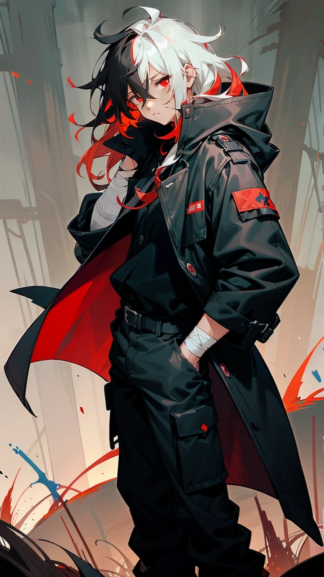 1male, tan skin, red highlighted hair, black and white hair, messy hair, wavy hair, red eyes, expressionless, (dark blue oversized coat), black cargo pants, black undershirt, bandaged clothing, grassland background, standing on path, hands to side, hands down