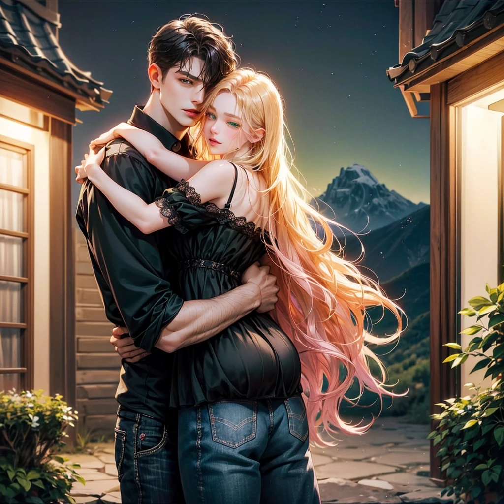 Couple, 1 girl 1 boy vampire, different hair color, long blonde wavy hair no bangs and grey eyes, pink sundress, short black hair and (green eyes). Black shirt open and jeans, height different, detailed eyes, looking the viewer. They hug. Background mountain chalet at night