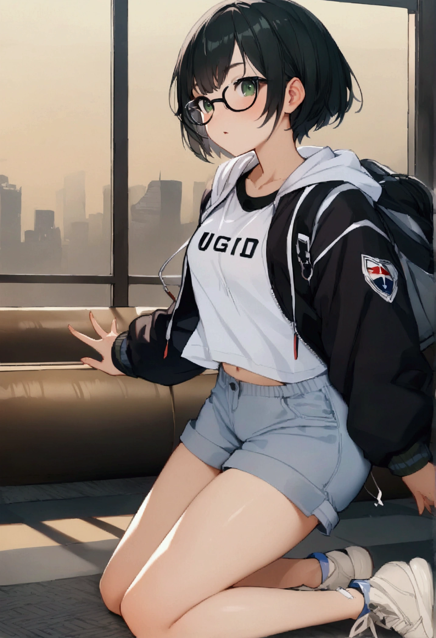 1girl, solo, short hair, tomboy, glasses, , green eyes, jacket, black hair, green shirt, white shorts, best quality, amazing quality, very aesthetic, masterpiece 